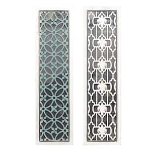 Wood White Intricately Carved Geometric Wall Decor with Mirror (Set of 2)