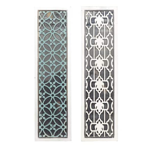Litton Lane Wood White Intricately Carved Geometric Wall Decor with Mirror (Set of 2)