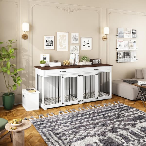 Furniture Style Dog Crate, 72 in. Large Wooden Dog Kennel with Drawers Divider, Heavy Duty Indoor Dog Cage for 2-Dogs
