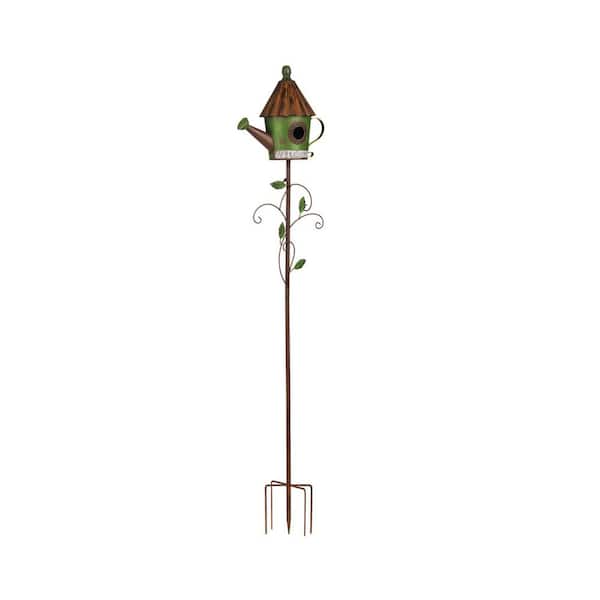 57 in. Green Metal Birdhouse Stake with Watering Can Design Outdoor Feeder Welcome Sign Garden Decoration