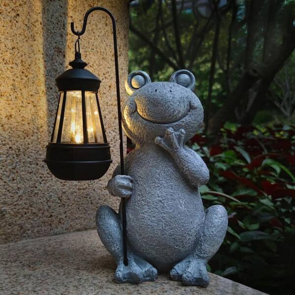 6 in. x 9 in. Gray Resin Frog Solar Garden Statue with Solar