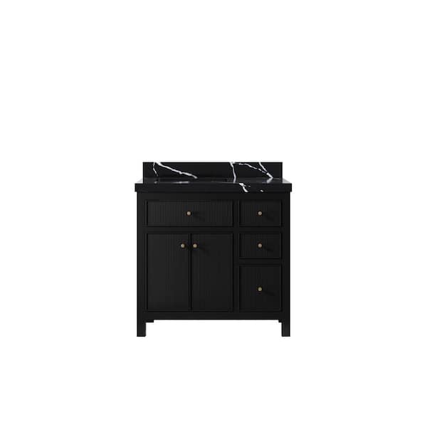 Willow Collections Sonoma 36 in. Left Sink Freestanding Black Bath Vanity with Calacatta Black Qt. Top Unassembled