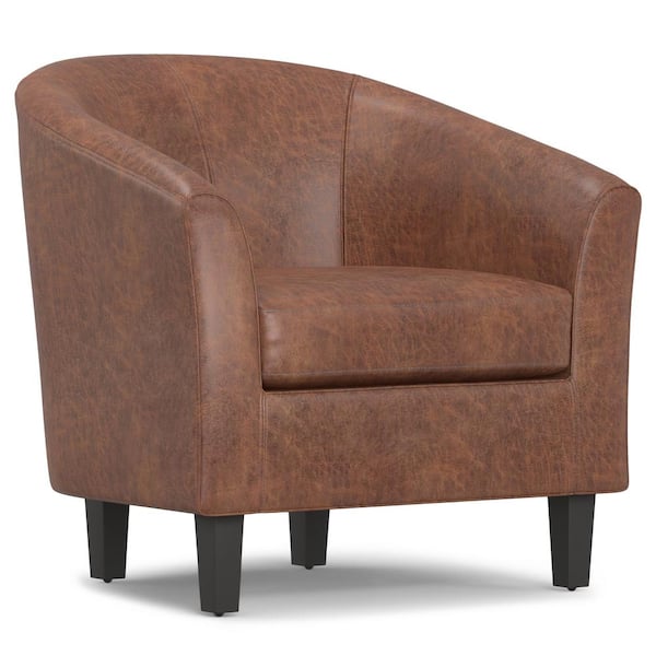 Simpli Home Austin 30 in. Contemporary Distressed Saddle Brown Faux Leather Bucket Chair