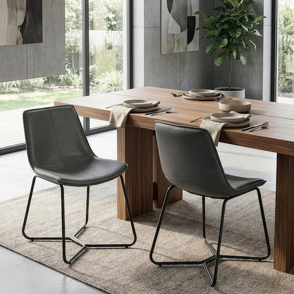 Set of 2 Amery Iron Frame Side Chair Vintage Grey Faux Leather Dining Chair