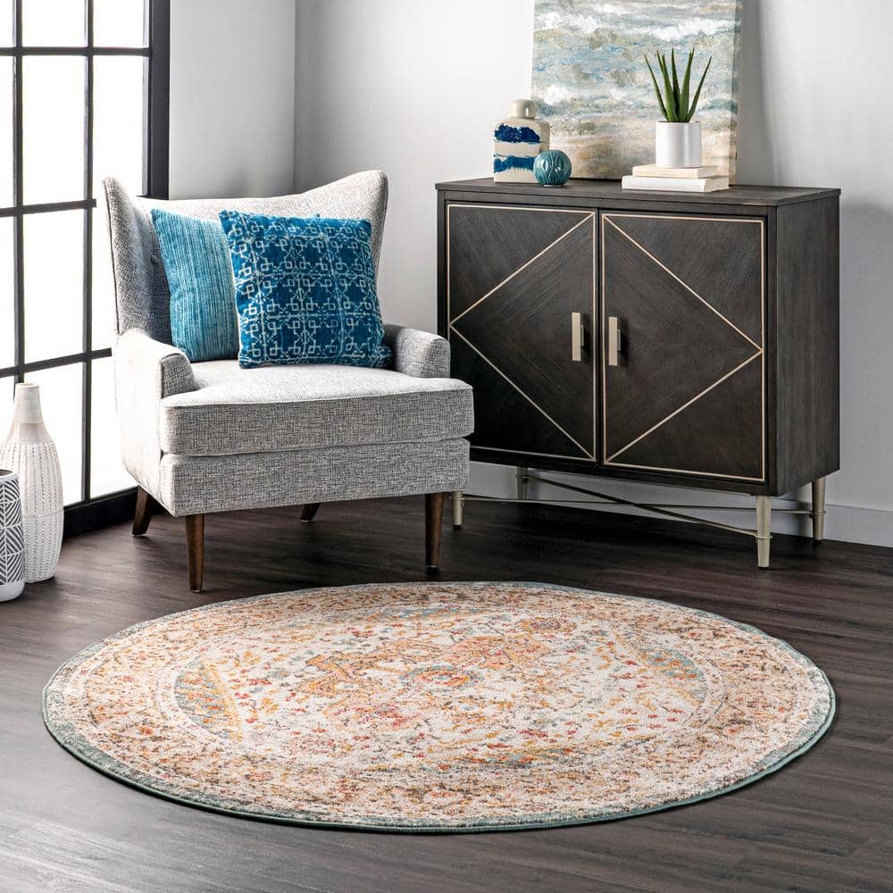 Beige Round Tufted Medallion Synthetic Area Rug, 5'