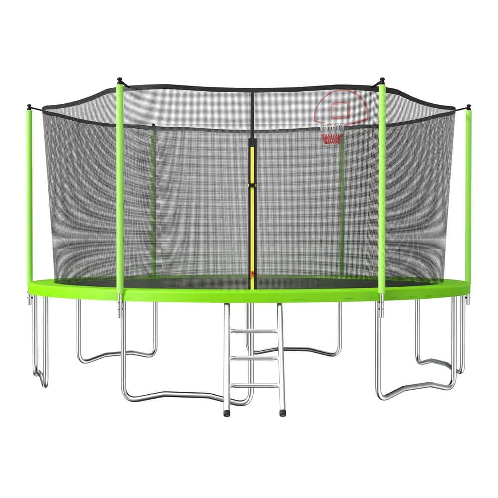 SUNRINX 15 ft. Green Round Trampoline with Enclosure Net and Basketball ...