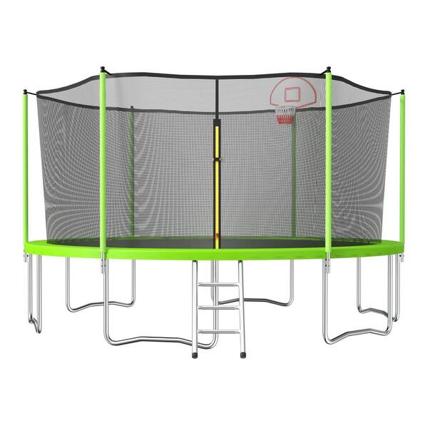 SUNRINX 15 ft. Green Round Trampoline with Enclosure Net and Basketball Hoop