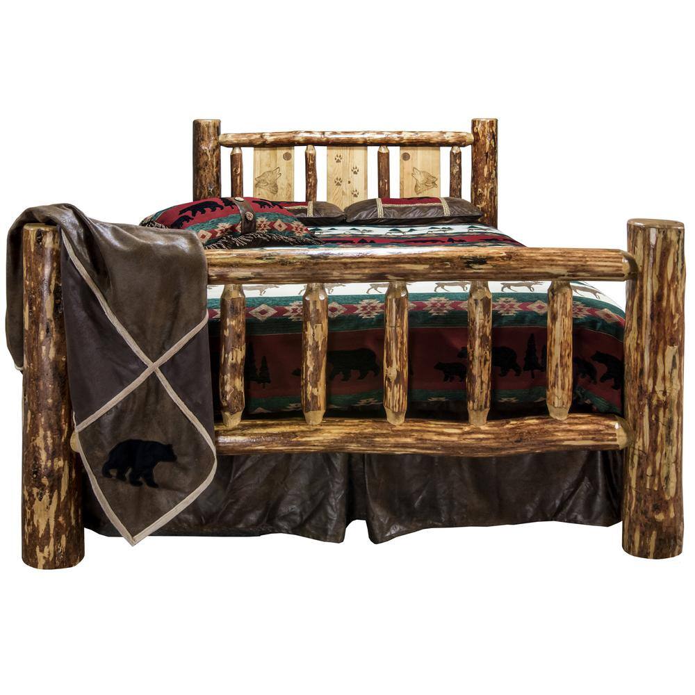Royal Pine King Bed with Wolf Engraved Headboard and Wood Frame