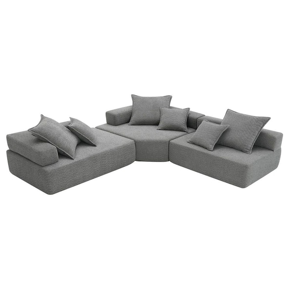 Qualler 103.5 in. 3-Piece Boucle Fabric Convertible Compressed Sectional Sofa in Gray