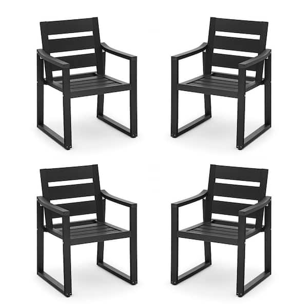 LUE BONA Black Square-Leg Plastic HDPS Outdoor Dining Chairs All-Weather Indoor Outdoor Patio Dining Chairs with Armrest(4-pack)