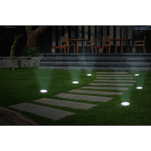 Solar Silver LED Weather Resistant In-Ground Disk Path Light (4-Pack)