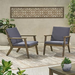 Natural Acacia Wood Outdoor Lounge Chairs with Dark Grey Cushion, Set of 2