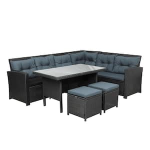 6-Piece Black Wicker Patio Conversation Sectional Seating Set with Dark Gray Cushions 2 Ottomans and Glass Table