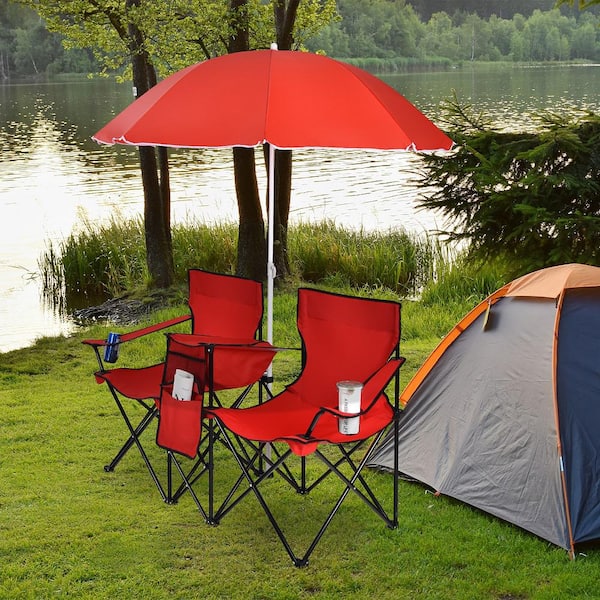 Red Plastic Portable Folding Picnic Double Chair W/Umbrella Table Cooler Beach Camping