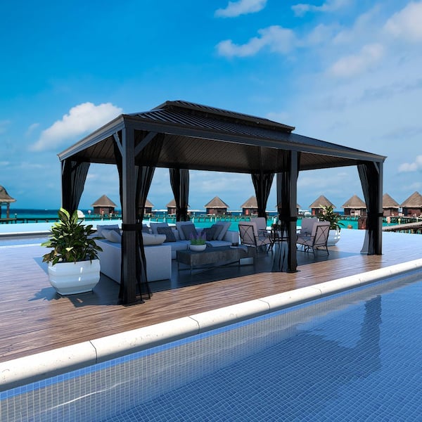 12 ft. x 20 ft. Aluminum Hardtop Gazebo with Galvanized Double Roof and Textilene Netting
