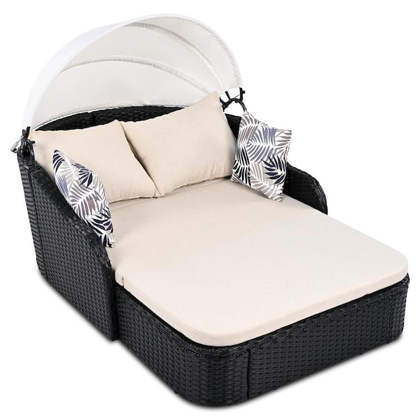 Black Wicker Outdoor Chaise Lounge Day Bed with Beige Cushions, Adjustable Canopy and 4 Pillows