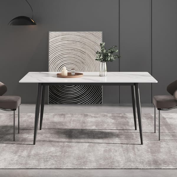 63 in. Rectangle White Sintered Stone Top Black Metal 4 Legs Dining Table (Seats 6)