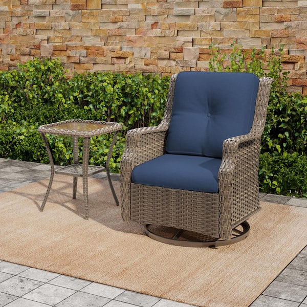 2-Piece Wicker Patio Lounge Chair and Glass Side Table Set with Swivel Rocker and Blue Cushions