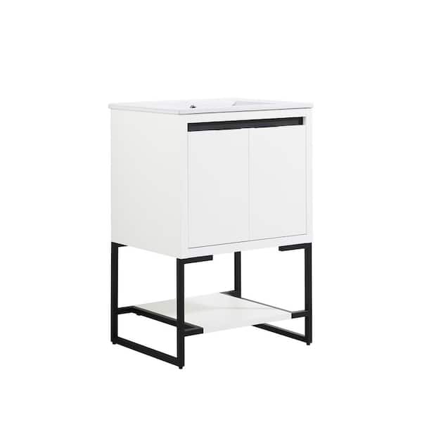 MYCASS 24.00 in. W x 18.30 in. D x 35.00 in. H Freestanding Bath Vanity in White Straight Grain with One White Resin Sink Top