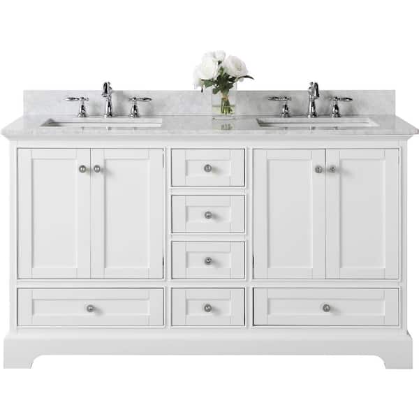 Ancerre Designs Audrey 60 in. W x 22 in. D Vanity in White with Marble Vanity Top in Carrara White with White Basin