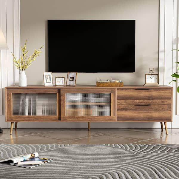 Walnut TV Stand Fits TV's up to 75 in. with 2-Glass Doors, 2-Drawers and Storage