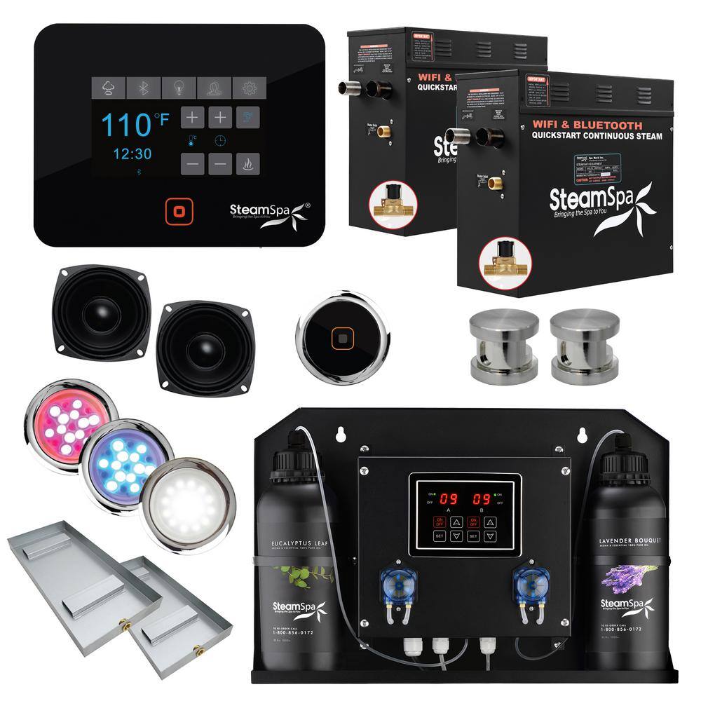 Steam Shower Generator Kit Brushed Nickel Auto Drain Dual Aroma Pump Wifi App/BT 2x 7.5 kW Raven RVB1500BN-ADP