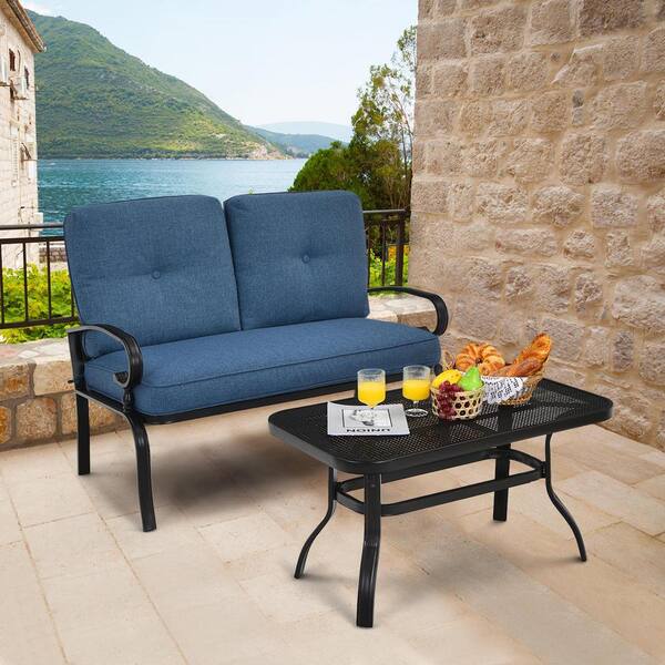 Bestier 5-Piece Metal Outdoor Patio Conversation Sectional Seating Set With Blue Cushions