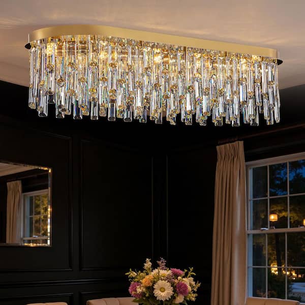 SILJOY 39 in. Modern Brass Crystal 1-Light Island Chandelier for Dining Room with Crystal Shades