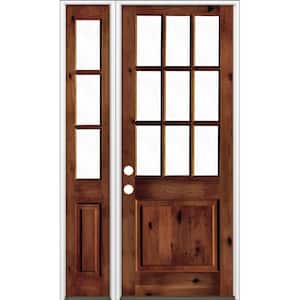 56 in. x 96 in. Knotty Alder Right-Hand/Inswing Clear Glass Red Chestnut Stain Wood Prehung Front Door w/Left Sidelite