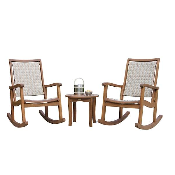 Unbranded 3-Piece Ash Grey Wicker and Eucalyptus Outdoor Rocking Chair Set with Round Accent Table