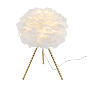 18.11 in. Gold Modern Tripod Table Lamp with White Feather Shade for Bedroom Home Decor, No Bulbs Included