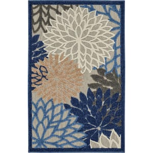 Aloha Blue/Multicolor doormat 3 ft. x 4 ft. Floral Modern Indoor/Outdoor Patio Kitchen Area Rug