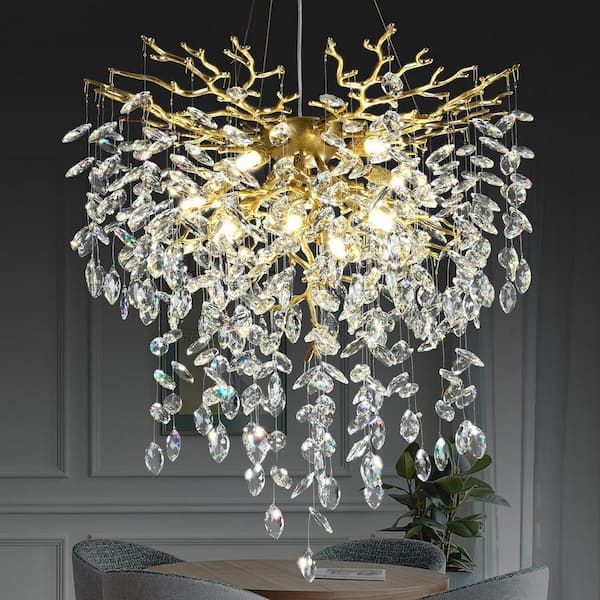24 in. 8-Light Gold Tree Branch Chandelier Modern Crystal Chandelier for Dining Room Living Room Kitchen Bedroom