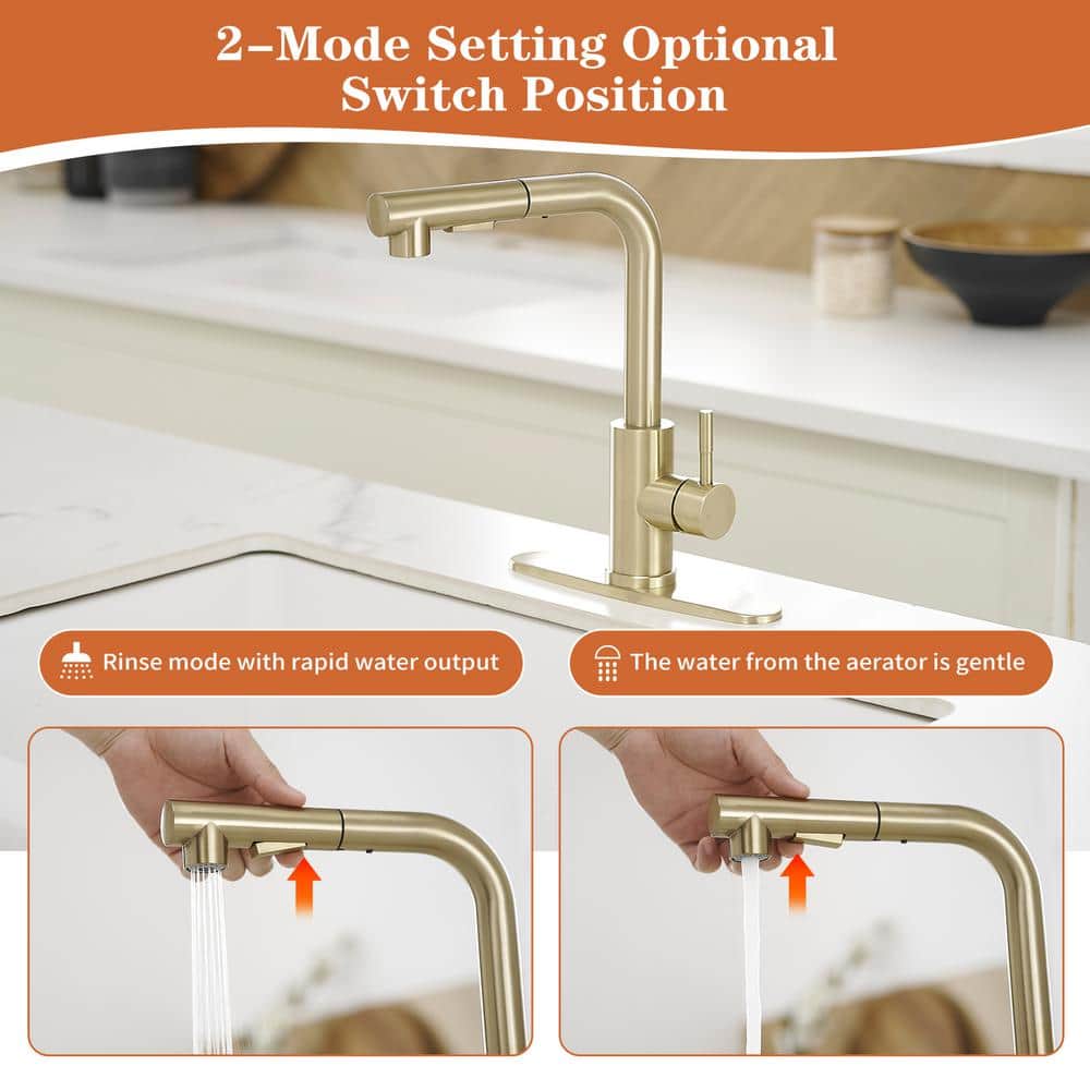 Brushed Gold Stainless Steel Pull-Out Kitchen Faucet