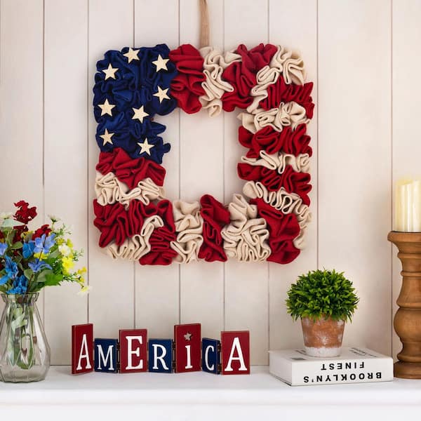 Glitzhome 19.25 in. H Fabric Americana Squared Wreath