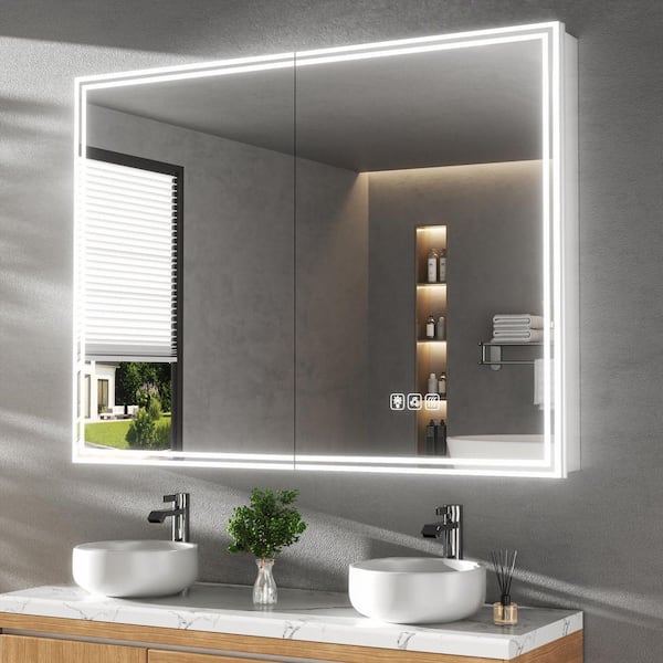 48 in. W x 36 in. H Silver Rectangular Aluminum Dynamic Flow Lighting Surface/Recessed Medicine Cabinet with Mirror