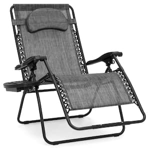 Oversized Zero Gravity Folding Reclining Gray Fabric Outdoor Lawn Chair w/Cup Holder