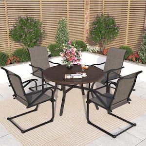 Black 5-Piece Metal Patio Outdoor Dining Set with Wood-Look Round Table and Textilene C-Spring Chairs