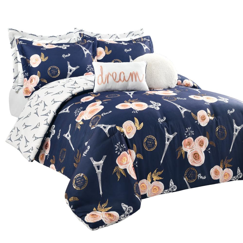 Vintage Paris Rose Butterfly Script 5-Piece Navy Twin/Twin XL Comforter Set