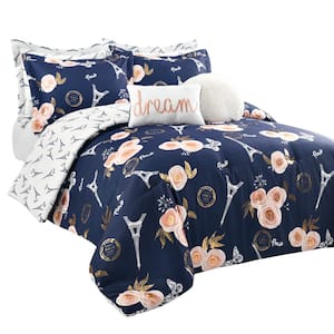 Vintage Navy Paris Rose Butterfly Script Quilt Twin/Twin XL Set (4-Piece)