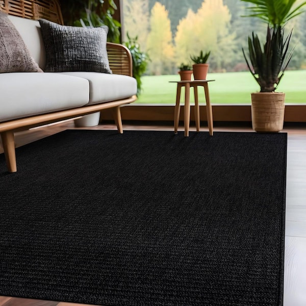 Lomira Black 5 ft. x 7 ft. Striped Washable Easy Jute Indoor Area Rug