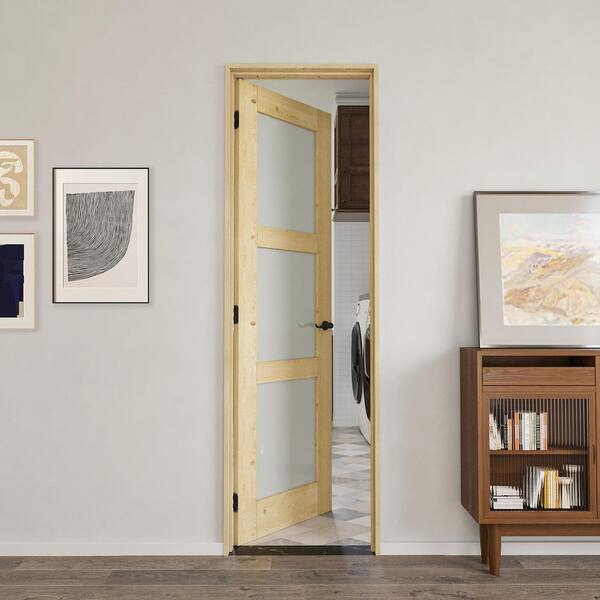 24 in. x 80 in. 3-Lite Frosted Glass Left Solid Core Pine Wood Single Interior Door with Quick Assemble Jamb