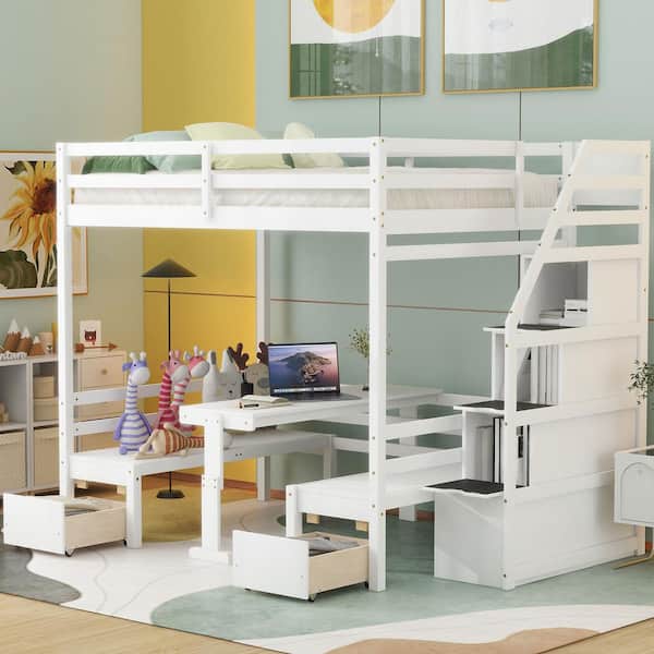 Harper & Bright Designs Convertible White Full Over Full Bunk Bed with Staircase and Drawers