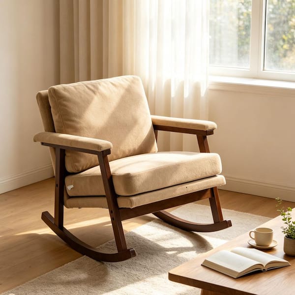 Mid-Century Modern Rocking Chair Khaki Cotton Linen Upholstered Accent Arm Chair with Wood Frame