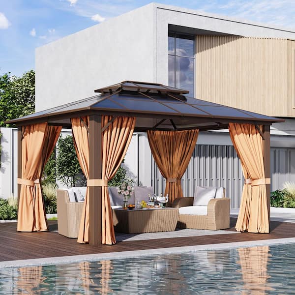 13 ft. W x 10 ft. D Polycarbonate Double Roof Gazebo with Aluminum Frame, Curtains and Netting for Garden, Patio