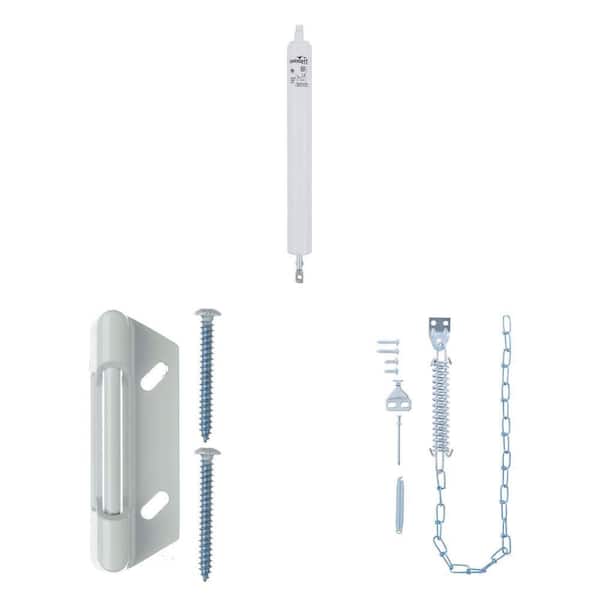 Standard Duty Pneumatic Screen and Storm Door Closer, White, with Strike Plate and Steel Chain Stop Combo
