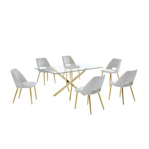 Olly 7-Piece Tempered Glass Top Gold Cross Legs Base Dining Set Beige Velvet Fabric Chairs Set Seats 4.