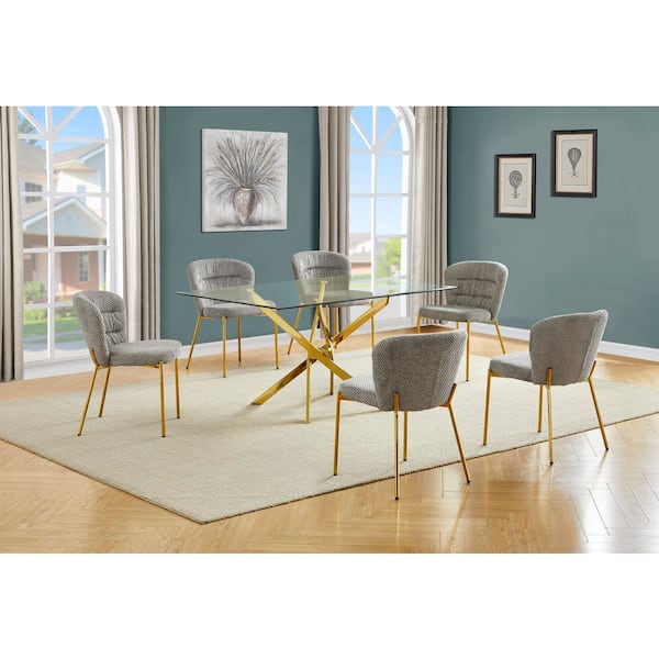 Best Quality Furniture Olly 7-Piece Clear Glass Top Gold Chrome Iron Legs Dining Set with 6 Grey Chairs