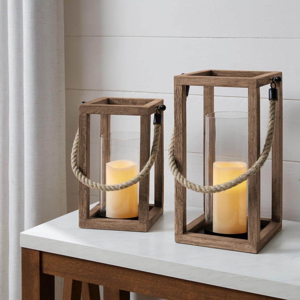 StyleWell Antiqued Brown Wood Lantern Candle Holder - Hanging or Tabletop  with Rope Handle (Set of 2) DC20-173553 - The Home Depot
