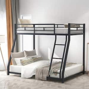 Metal Bunk Beds Twin Over Full Size, Metal Low Floor Bunk Beds with Ladders and Guard Rail for Teens Bedroom, Black
